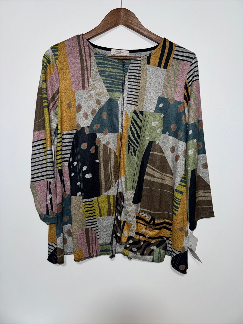 Jess & Jane Women Small Abstract Patchwork Knit Tunic Top Doodles 3/4 Sleeve